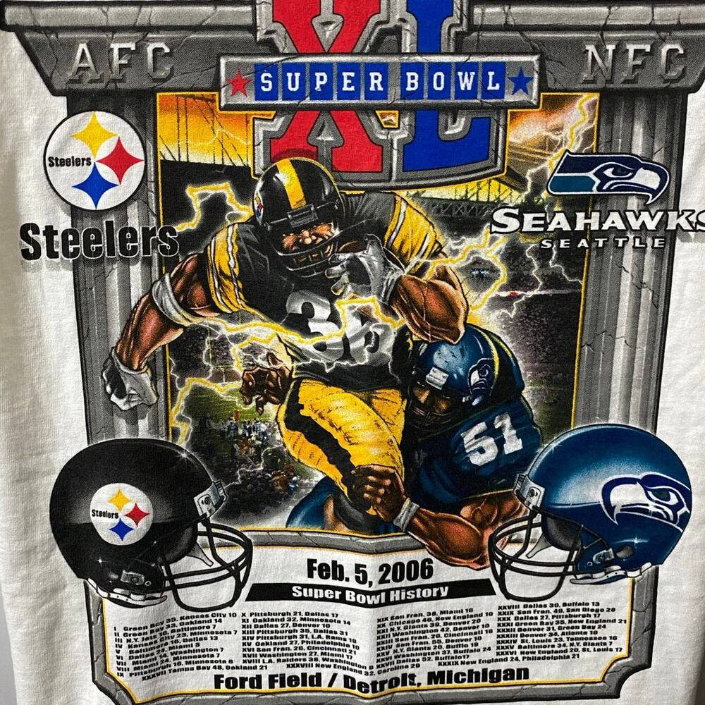 STEELERS VS SEAHAWKS SHIRT — Super Bowl XL 2006 White Graphic Tee Men's Large